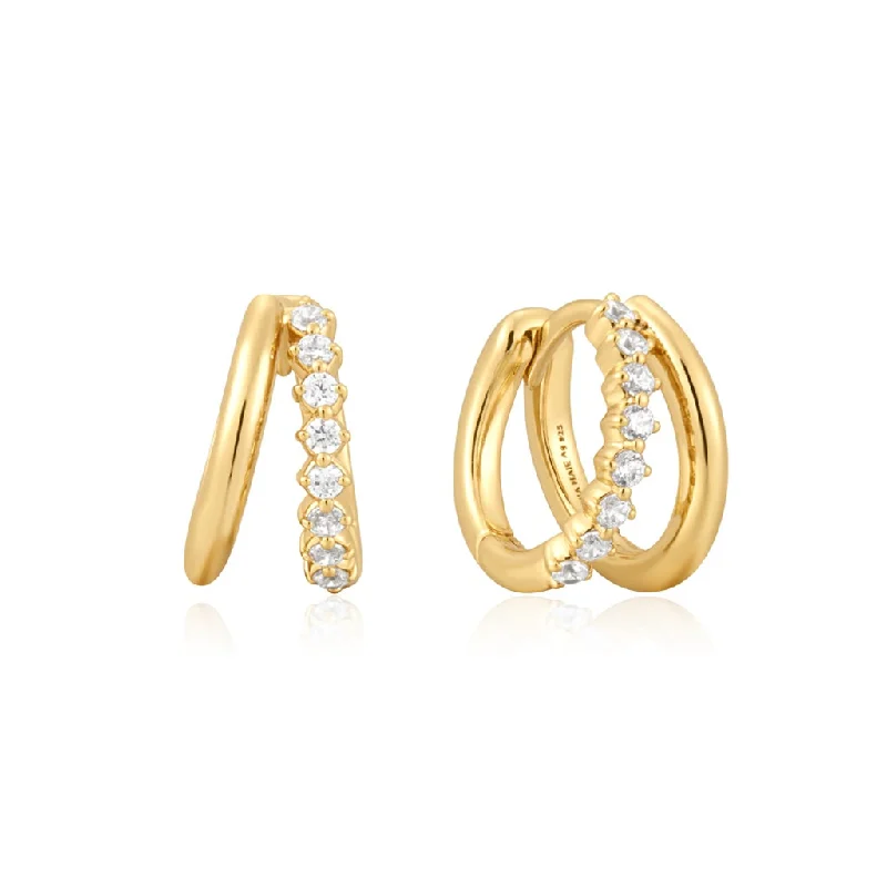 Fashionable Pearl Earrings-Gold Plated Cubic Zirconia Double Huggie Hoop Earrings by Ania Haie