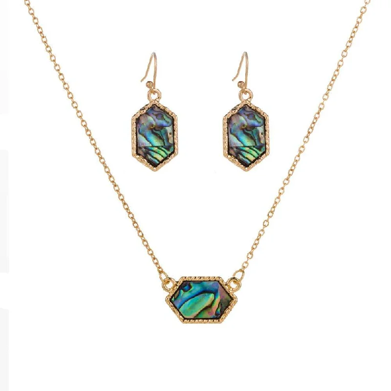 Handmade Gemstone Necklace-Hexagon Abalone Necklace and Abalone Earrings Set