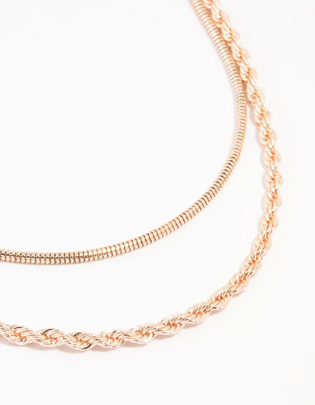 Two-Tone Gold Necklace-Rose Gold Plated Round & Twisted Snake Layered Necklace