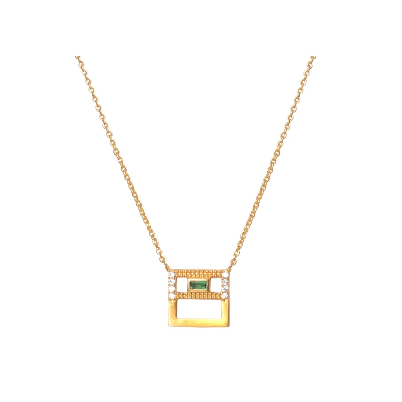 Layered Silver Necklace-Vita Square Emerald Baguette Necklace