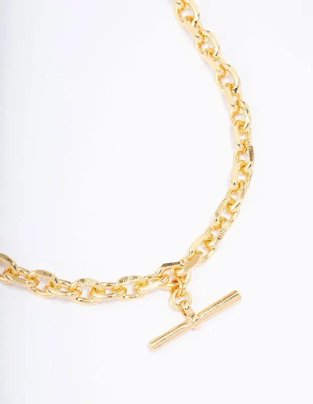 Elegant Gold Necklace-Gold Plated Link T Bar Chain Necklace