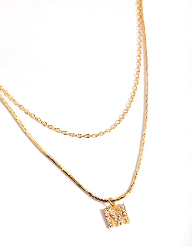 Dainty Beaded Necklace-Letter M Gold Plated Layered Diamante Initial Necklace