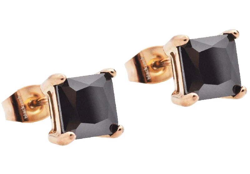 Luxury Gemstone Earrings-Mens 7mm Black Cubic Zirconia Rose Stainless Steel Square Stud Earrings