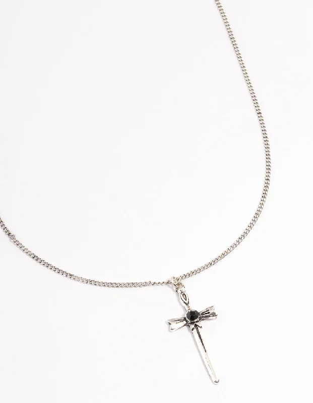 Geometric Crystal Necklace-Antique Silver Gothic Cross Necklace