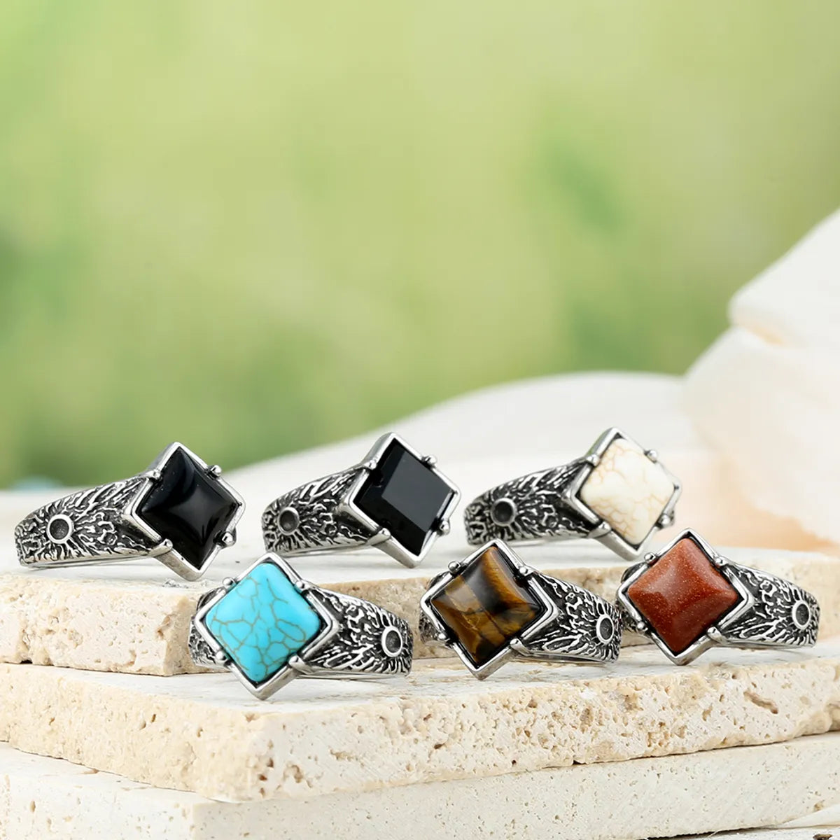 Personalized Silver Wedding Ring-Retro Roman Style Square 316 Stainless Steel  Inlay Artificial Gemstones Turquoise Men'S Rings