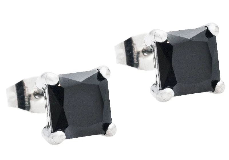 Retro Hoop Earrings-Mens 7mm Black Cubic Zirconia Stainless Steel Square Stud Earrings