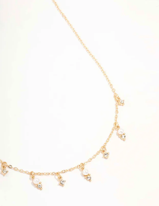 Sterling Silver Bar Necklace-Gold Diamante & Pearl Droplet Necklace