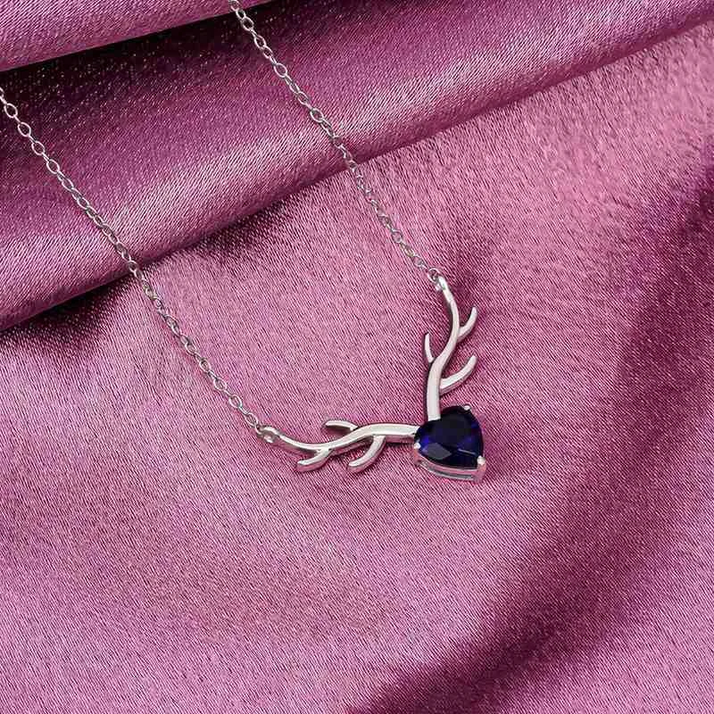 Luxury Diamond Necklace-Silver Deer Theme Heart Sapphire Necklace