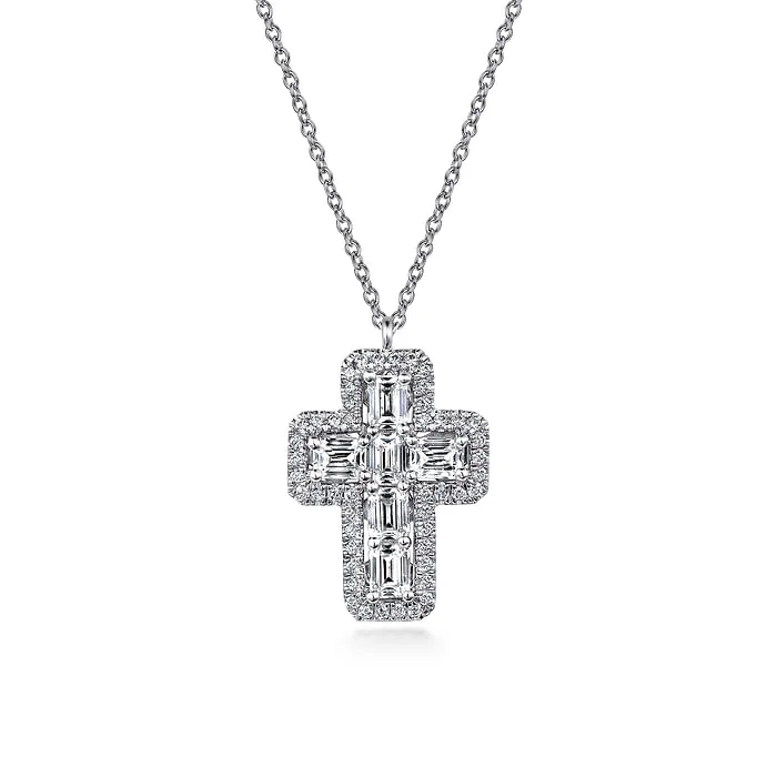 Silver Heart Necklace-14K White Gold Emerald Cut Diamond Cross Necklace