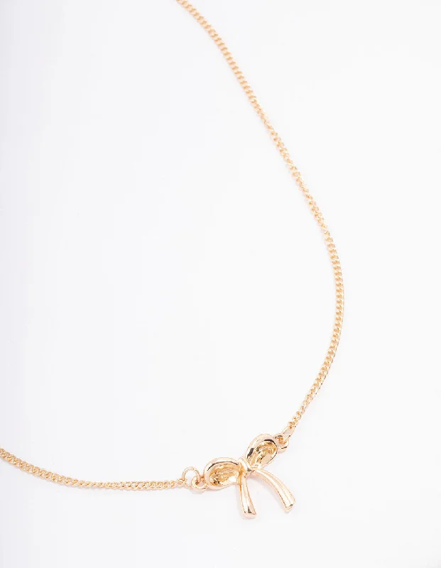 Long Silver Necklace-Gold Plain Bow Necklace