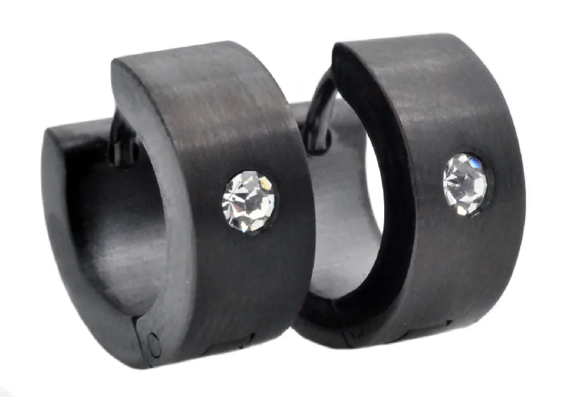 Heart Shaped Earrings-Mens 14mm Black Plated Stainless Steel Hoop Earrings With Cubic Zirconia