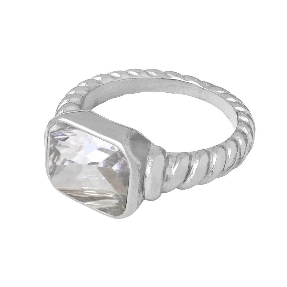 A504-Steel White Glass Stone Ring-No. 6