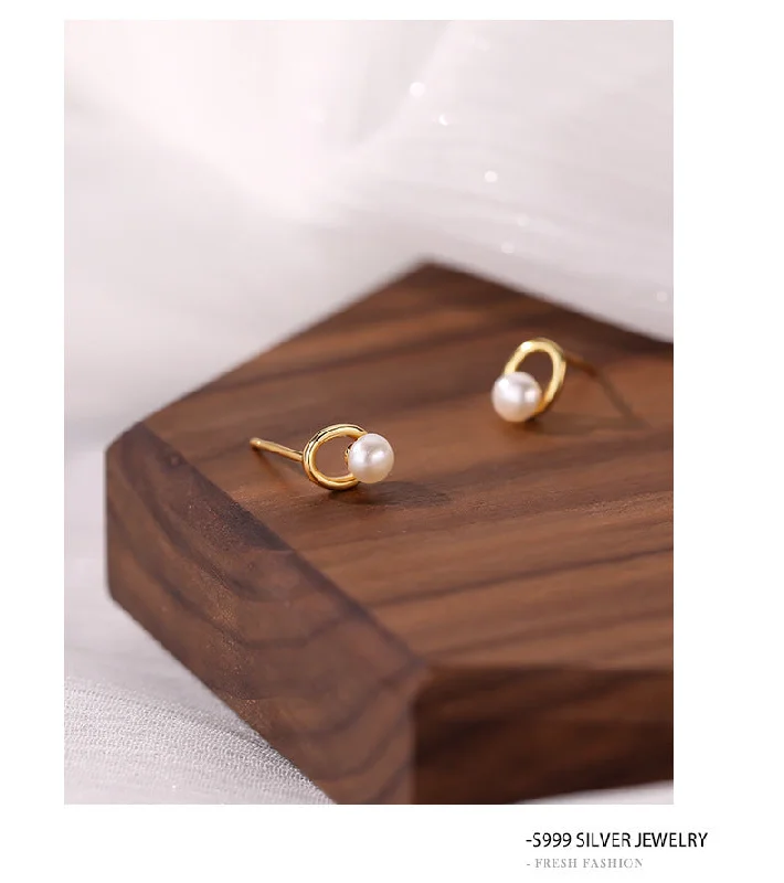 Elegant Gold Band Ring-1 Pair Simple Style Round Sterling Silver Patchwork Ear Studs