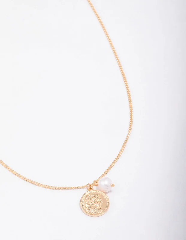 Simple Choker Necklace-Gold Chunky Coin & Pearl Necklace