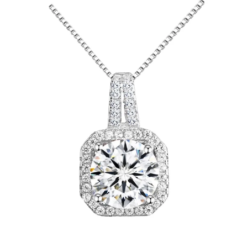 Gold Name Necklace-Two Carat Halo Cubic Zirconia Pendant Necklace