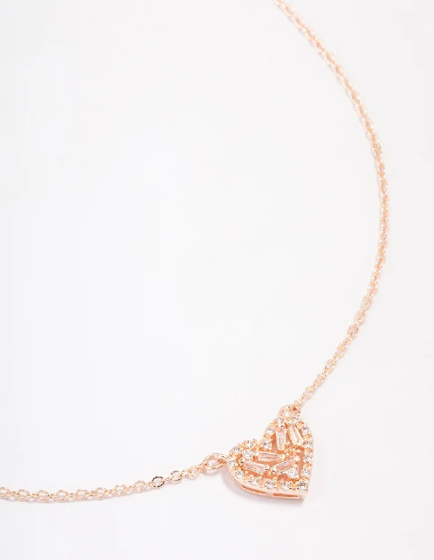 Luxury Pearl Necklace-Rose Gold Plated Cubic Zirconia Baguette Heart Pendant Necklace