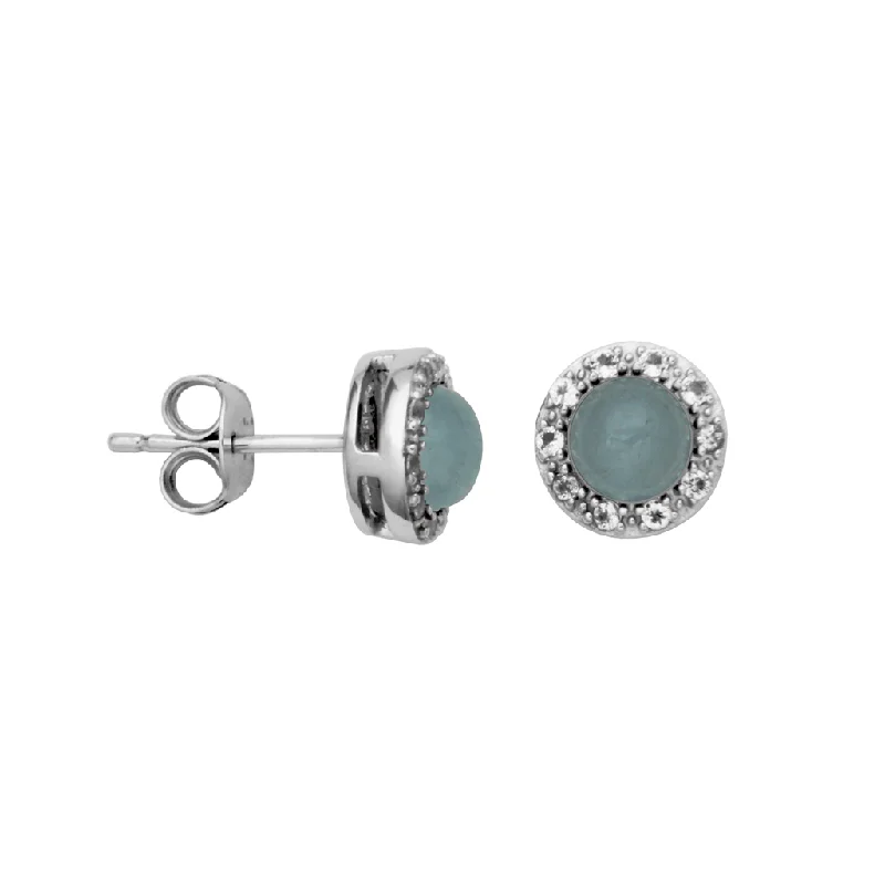 Pink Gold Earrings-Sterling Silver Milky Aquamarine & White Topaz Halo Stud Earrings by Samuel B.