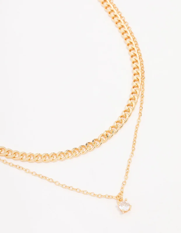 Wedding Necklace for Bride-Gold Plated Diamante Curb Chain Layered Necklace