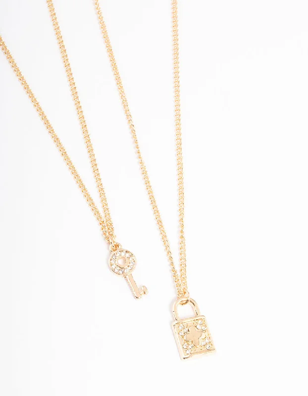 Gold Oval Pendant Necklace-Gold Diamante Lock & Key Necklace Pack