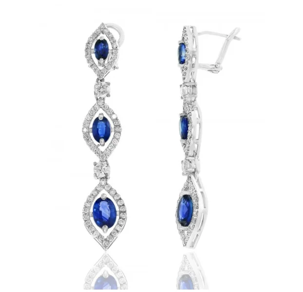 Handcrafted Earrings for Women-Sapphire and Diamond Drop Earrings in 18k White Gold