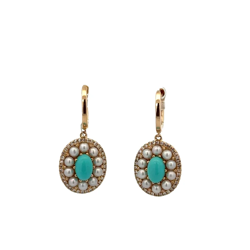 Silver Earrings for Weddings-Turquoise, Pearl, and Diamond Earrings in Yellow Gold