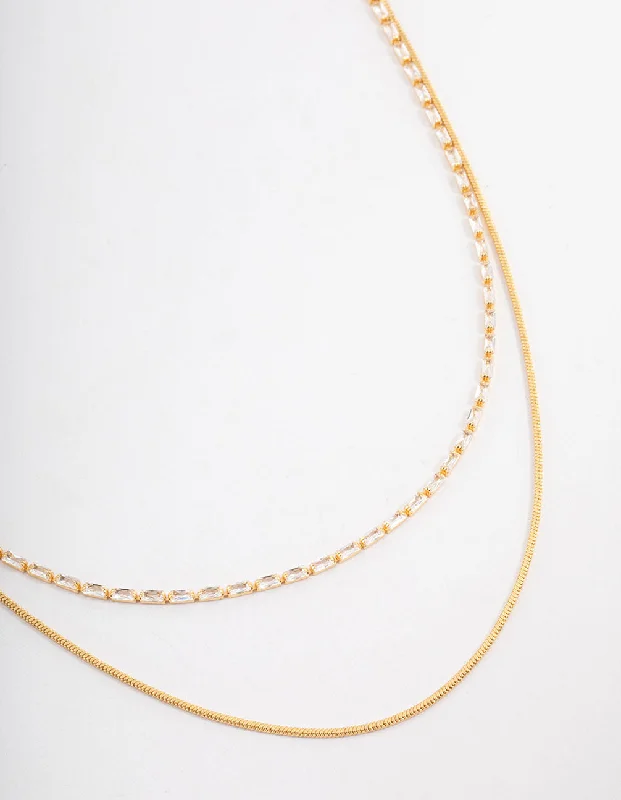 Chunky Chain Necklace-Gold Plated Cubic Zirconia Dainty Baguette Layered Necklace