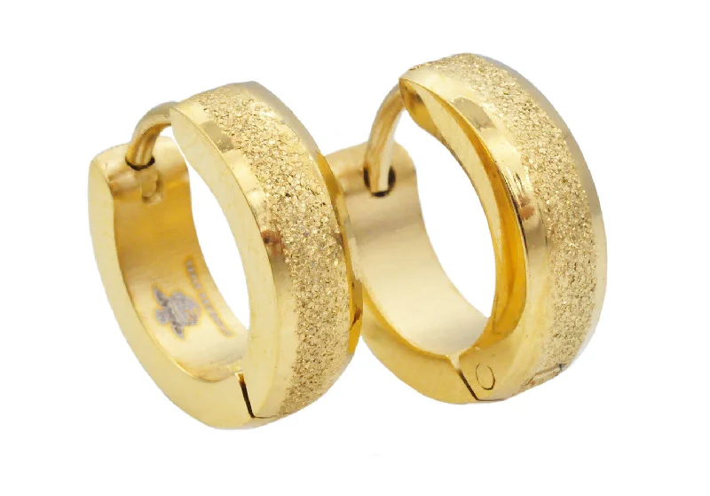 Luxury Fashion Earrings-Mens 14mm Gold Plated Sandblasted Stainless Steel Hoop Earrings