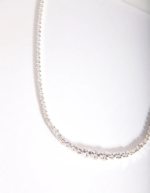 Sterling Silver Bar Necklace-Silver Cubic Zirconia Graduating Diamante Tennis Necklace