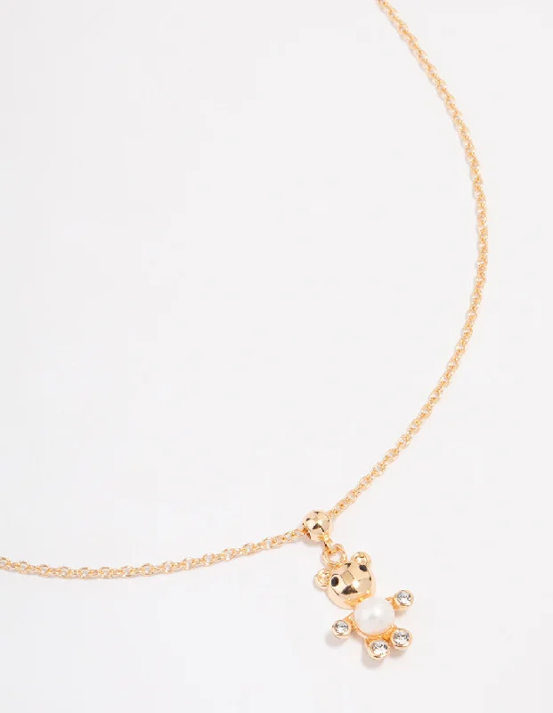 Adjustable Choker Necklace-Gold Pearl & Diamante Teddy Bear Necklace