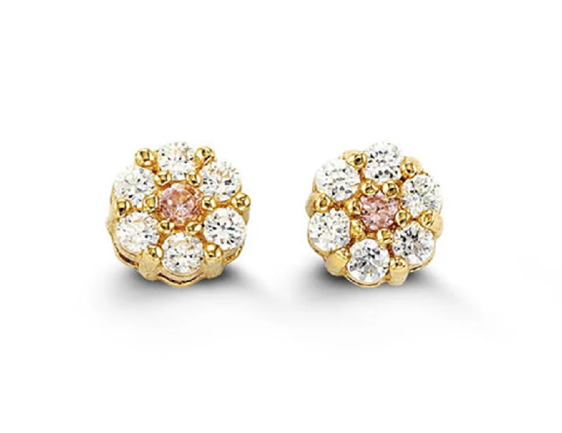 Handmade Silver Earrings-14K Yellow Gold White & Pink Cubic Zirconia Cluster Kid's Stud Earrings