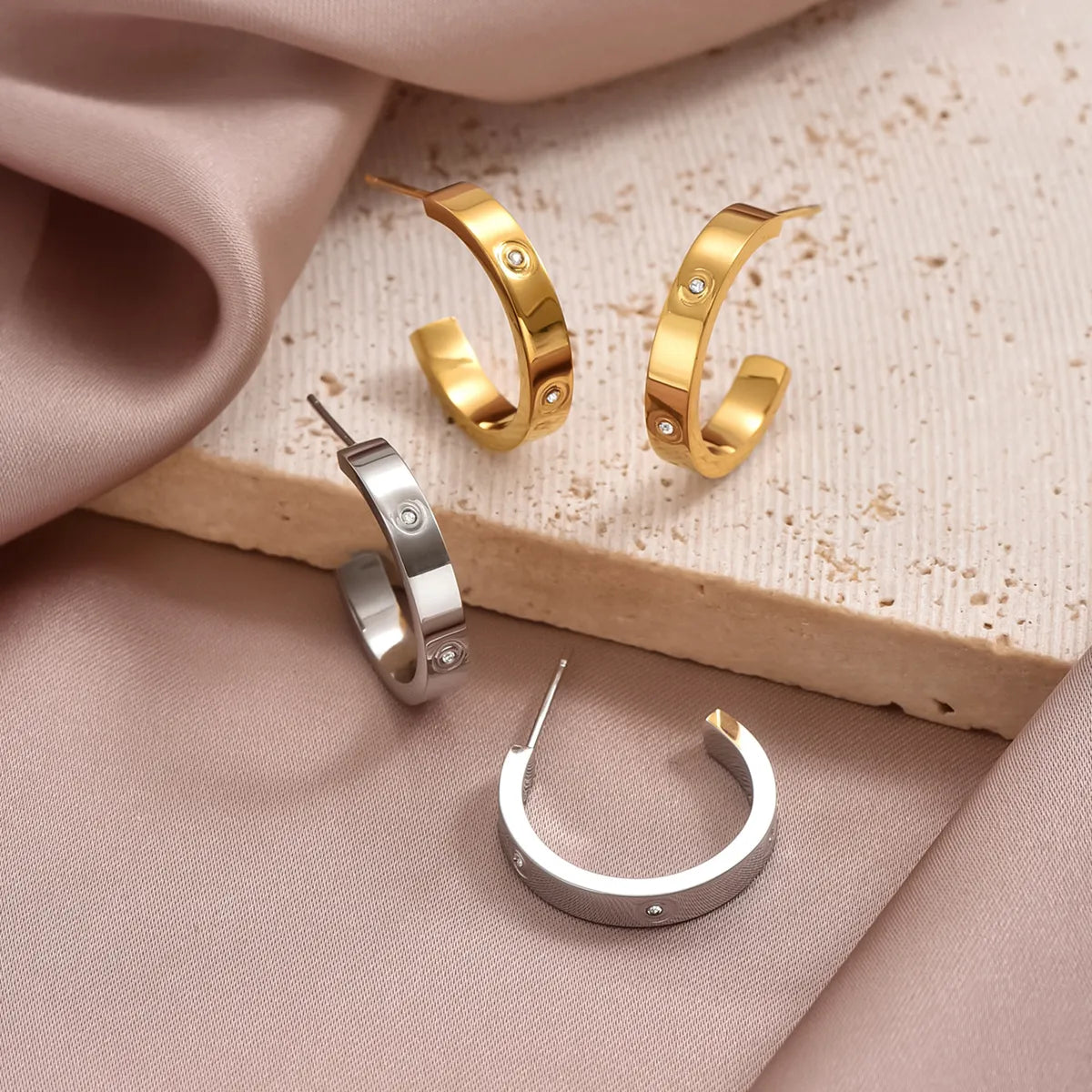 Silver Ring with Birthstone-1 Pair Simple Style C Shape Plating Inlay Stainless Steel Zircon 14k Gold Plated Ear Studs