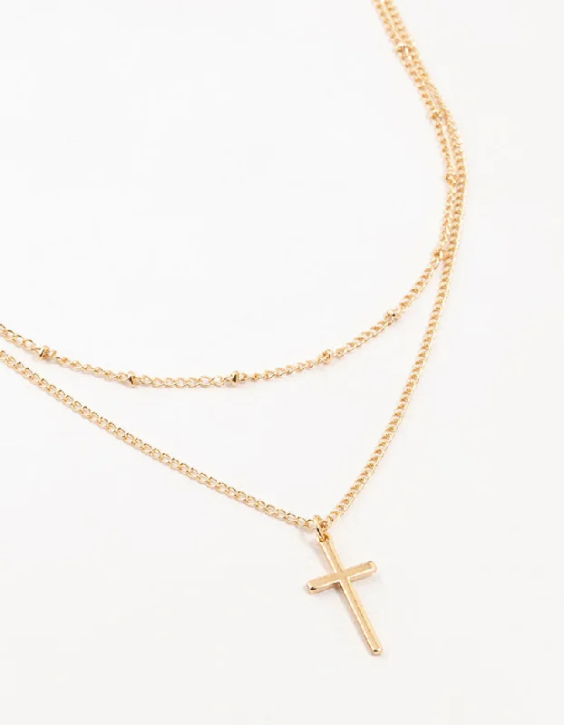 Adjustable Necklace for Women-Gold Ball Chain & Cross Layered Necklace