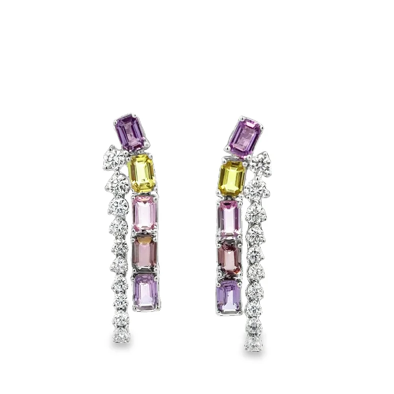 Golden Pearl Earrings-Unique Multi-Colored Sapphire and Diamond Earrings in White Gold