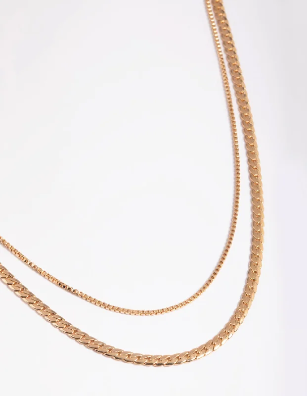 Double Gemstone Necklace-Gold Dainty 2 Row Chain Necklace