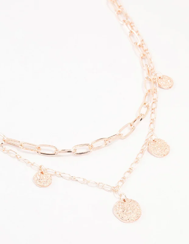 Rose Gold Chain Necklace-Rose Gold Plated Molten Disc Drop Layered Necklace