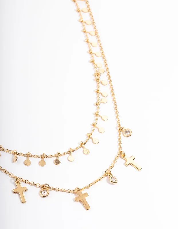 Wedding Pendant Necklace-Gold Plated Disc & Cross Two Layered Necklace