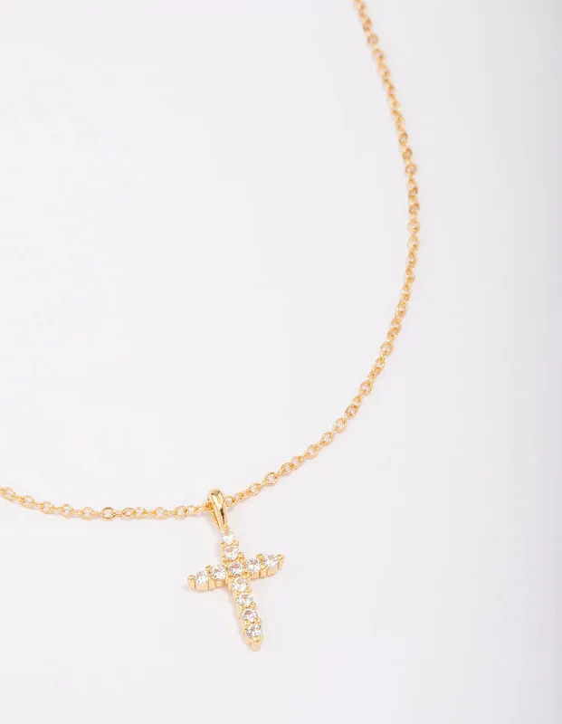 Natural Gemstone Necklace-Gold Plated Crystal Cross Pendant Necklace