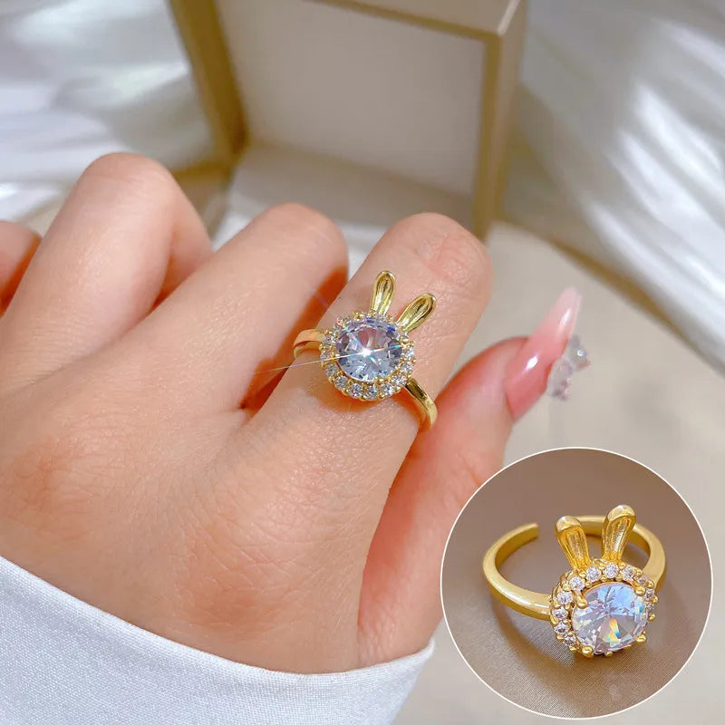 Simple Rose Gold Ring-1 Piece Cartoon Style Rabbit Brass Inlaid Zircon Open Ring