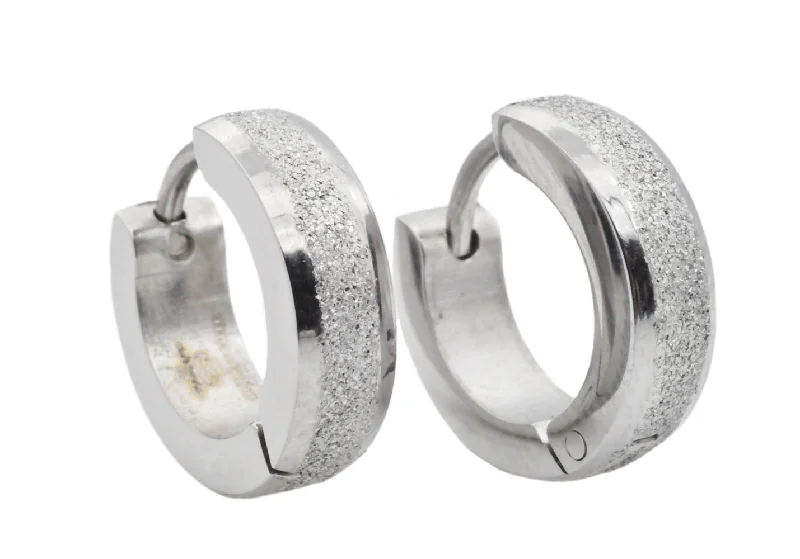 Long Silver Earrings-Mens 14mm Sandblasted Stainless Steel Hoop Earrings