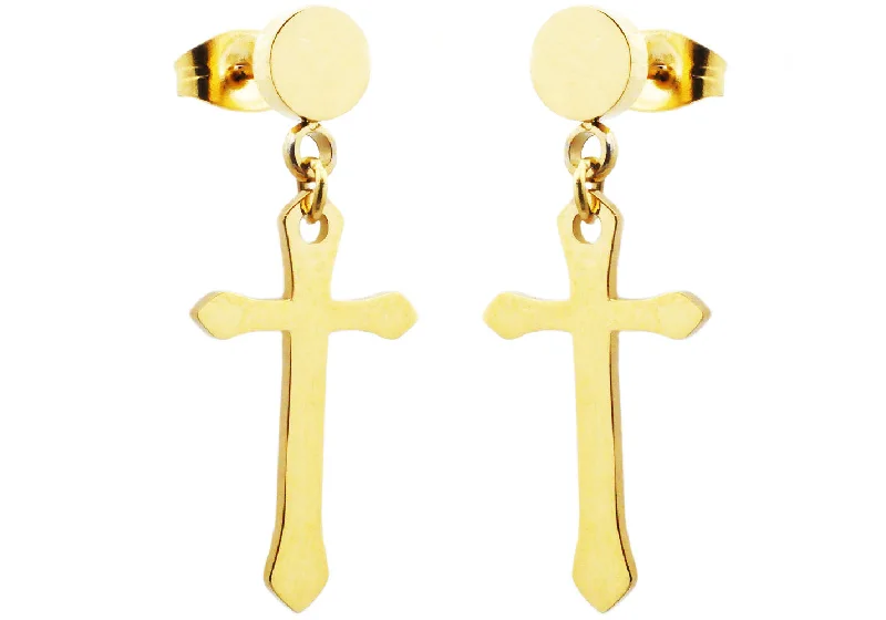 Pink Gemstone Earrings-Mens Gold Stainless Steel Cross Earrings