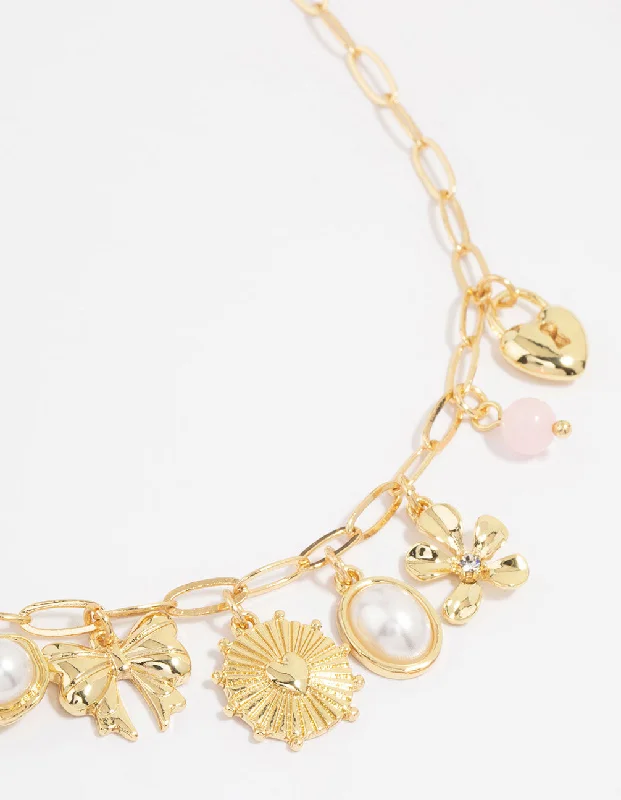 Elegant Choker Necklace-Gold Plated Pink Bead & Pearl Charm Necklace