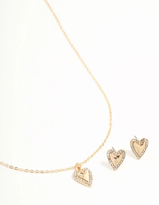 Simple Gold Choker Necklace-Gold Diamante Heart Edge Necklace & Stud Earrings