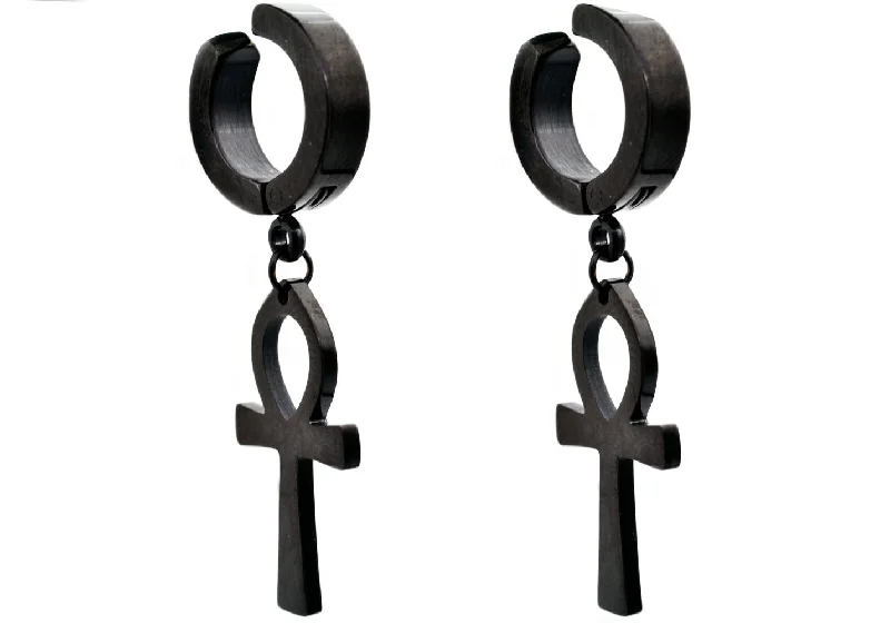 Rose Gold Earrings with Diamonds-Mens Black Stainless Steel Clip On Ankh Cross Earrings