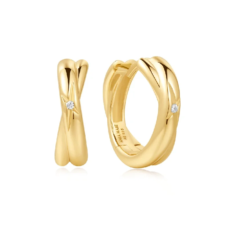 Gold Bead Earrings-Gold Plated Crossover Huggie Hoop Earrings by Ania Haie