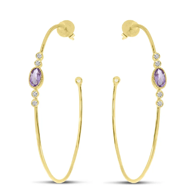 Simple Sterling Silver Earrings-14K Yellow Gold Oval Amethyst & Diamond Hoop Earrings