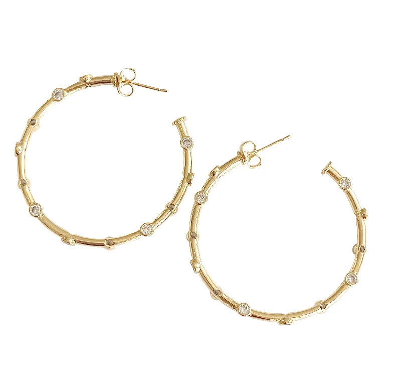 Minimalist Gold Earrings-Pave Station Hoops