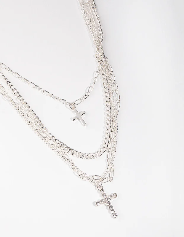 Diamond Pendant Necklace-Silver Mix Chain Cross 4-row Necklace