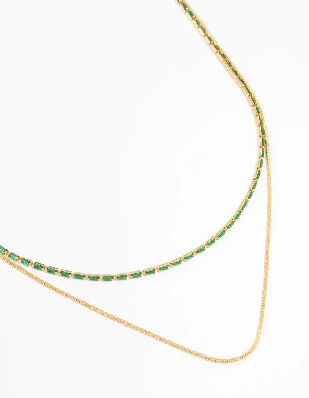 Custom Gold Necklace-Gold Plated Cubic Zirconia Emerald Baguette Dainty Layered Necklace