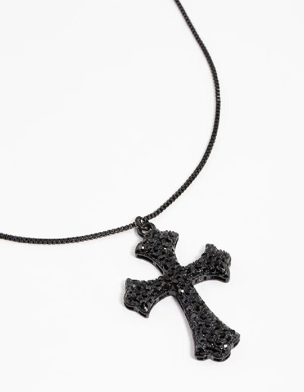 Simple Choker Necklace-Coated Black Boxchain Large Diamante Cross Necklace