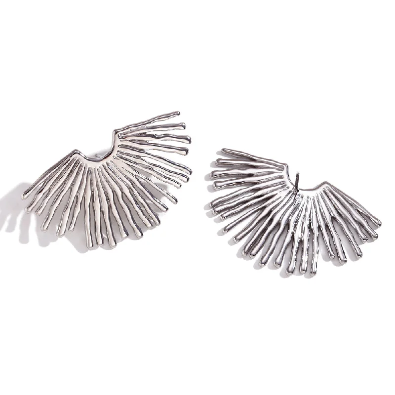 Street Exaggerated Ray Fan Shaped Stud Earrings-Steel Color